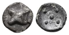 Greek SICILY. Himera. Circa 483/2-472 BC. Pentonkion (Silver, 6 mm, 0.20 g). Astragalos. Rev. Five pellets (mark of value) within shallow round incuse. G. Manganaro, "Dai mikrà kermata di argento al c