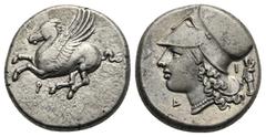 Greek CORINTHIA. Corinth. Circa 345-307 BC. Stater (Silver, 21.00 mm, 8.58 g). Pegasus flying to left, below, koppa. Rev. Head of Athena left, wearing Corinthian helmet and pearl necklace; behind head