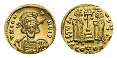 Byzantine Constantinus IV Pogonatus with Heraclius and Tiberius, 668-685. Solidus (Gold, 20.2 mm, 4.44 g). Constantinopolis, circa 674-681. δN CON T NЧ SP Cuirassed bust of Constantinus facing, slight