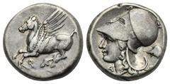 Greek CORINTHIA. Corinth. Circa 350-300 BC. Stater (Silver, 25.00 mm, 8.56 g). Pegasus flying left, Ϙ below. Rev. Helmeted head of Athena left. A below chin, Thessalian helmet to right. Ravel 1040. Pe