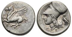 Greek CORINTHIA. Corinth. Circa 350-300 BC. Stater (Silver, 21.00 mm, 8.56 g). Pegasus flying to left, below, Ϙ. Rev. Helmeted head of Athena left, wearing Corinthian helmet wreathed with laurel; behi
