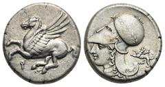 Greek CORINTHIA. Corinth. Circa 350-300 BC. Stater (Silver, 20.70 mm, 8.54 g). Pegasus flying left, Ϙ below. Rev. Helmeted head of Athena left, wearing Corinthian helmet with laurel; Chimera, A-P flan