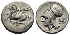 Greek CORINTHIA. Corinth. Circa 350-300 BC. Stater (Silver, 21.40 mm, 8.58 g). Pegasus flying left, Ϙ below. Rev. Helmeted head of Athena left with laurel; A-P flanking neck truncation; aegis to right