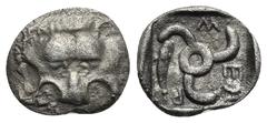 Greek DINASTS OF LYCIA. Mithrapatra. Diobol (Silver, 13.00 mm, 1.41 g) Phellos mint ?, circa 390-370 BC. Facing lion's scalp. Rev. Triskeles, dolphin swimming in a sector, letters of inscription aroun