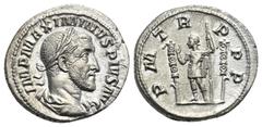 Roman Empire Maximinus I Thrax, 235-238. Denarius (Silver, 19.92 mm, 3.69 g) Rome, 235. IMP MAXIMINVS PIVS AVG. Laureated and draped head of Maximinus right. Rev. P M T R PPP Maximinus in military dre
