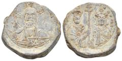 Byzantine Byzantine Lead Seals. Basil II and Constantine VIII, 976-1025. (Lead, g 23,85, mm 28,80). [ΕΜΜΑ - Ν]ΟΥΗΛ Facing bust of Christ, offering a blessing and holding Gospels, Rev. [bASIL C COnS]tA