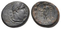 Greek LYDIA. Sardes. After 133 BC. (Bronze, 16.89 mm, 5.99 g). Laureate head of Herakles to right. Rev. ΣAPΔIANΩN Naked Apollo standing front, head to left, holding bird in his right hand and laurel b