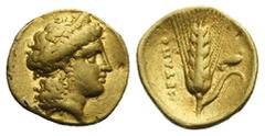 Greek LUCANIA. Metapontum. Time of Alexander the Molossian, circa 334-330 BC. Tetrobol or Third Stater (Gold, 13.50 mm, 2.57 g), Achaian standard. Head of Hera to right, wearing stephane, pendant earr