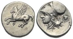 Greek CORINTHIA. Corinth. Circa 345-307 BC. Stater (Silver, 21.00 mm, 8.49 g). Pegasos flying to left, below, Ϙ. Rev. Head of Athena to left with pearl necklace, wearing Corinthian helmet; behind, fac