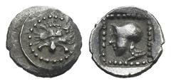 Greek DYNASTS OF LYCIA. Uncertain dynast or mint. Circa 520-460 BC. Hemiobol (Silver, 8.15 mm, 0.31 g). Lion’s scalp facing within double dotted and linear border. Rev. Head of Hermes left wearing pet