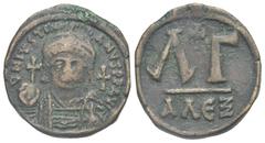 The Staffieri Collection of Alexandrian Coins, 298-618 AD. Iustinian I, 527-565. 33 Nummi (Bronze, 29.27 mm, 13.98 g). Alexandria, circa 538-565. D N IVSTINI-ANVS P P AVG bust of Justinian facing, wea