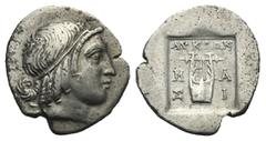 Greek LYCIAN LEAGUE. Masikytes. Circa 35-30 BC. Hemidrachm (Silver, 22.67 mm, 1.67 g). Head of Apollo to right, wearing taenia. Rev. Kithara; above, ΛYKIΩN; M-A across upper fields, Σ-I across lower f