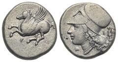 Greek CORINTHIA. Corinth. Circa 345-307 BC. Stater (Silver, 19.93 mm, 8.59 g). Pegasos flying to left, below, Ϙ. Rev. Head of Athena to left, wearing Corinthian helmet and pearl necklace; below chin, 