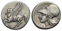 Greek CORINTHIA. Corinth. Circa 345-307 BC. Stater (Silver, 19.89 mm, 8.56 g). Pegasos flying to left, below, Ϙ. Rev. Head of Athena to left, wearing Corinthian helmet; below chin, I; behind neck guar