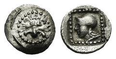 Collection of a Lady Lycia. Uncertain dynast. Circa 520-460 BC. Hemiobol (Silver, 8.17 mm, 0.26 g). Lion mask facing. Rev. Helmeted head left (Athena?). Apparently unpublished.. Cabinet tone. Good Ver