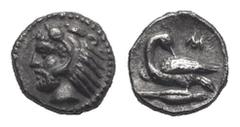 Collection of a Lady Cilicia. Mallos. Circa 385-333 BC. Hemiobol (Silver, 6.49 mm, 0.33 gr). Head of Herakles left, wearing lion skin headdress. Rev. M, swan left on barley grain. Cfr. Goktürk 33 (obo