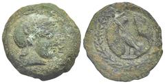 Magna Graecia Etruria. Uncertain mint in Central Etruria. Late 4th - early 3rd centuries BC. 25 Units (Bronze, 25.71 mm, 10.68 g). Helmeted head of Menvra (Minerva) to right; before, XXV (mark of valu