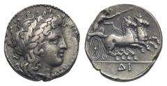 Magna Graecia Campania. Neapolis. Circa 300-275 BC. Triobol (Silver, 12.66 mm, 1.67 g) NEOPOΛΙΤΩΝ Laureate head of Apollo right with long curly hair. Rev. Nike, holding kentron and reins, driving biga