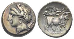 Magna Graecia Campania. Neapolis. Circa 275-250 BC. Didrachm (Silver, 19.58 mm, 7.41 g). Head of nymph Parthenope left, wearing diadem, triple-pendant earring and necklace, dolphin swimming downwards 