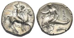 Magna Graecia Calabria. Tarentum. Circa 315-302 BC. Didrachm (Silver, 19.79 mm, 8.00 g) Nude horseman right, holding round shield and two spears behind his back, on horse prancing right, hurling the t