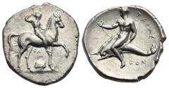 Magna Graecia Calabria. Tarentum. Circa 302 BC. Didrachm or Nomos (Silver, 24.52 mm, 7.86 g), magistrates Sa.. and Kon... Nude youth on horseback to right, crowning himself with a wreath; below, ΣA ab