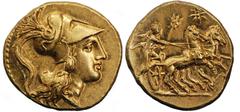 Magna Graecia Calabria. Tarentum, Time of Cleonymus. Circa 302 BC. Third Stater (Gold, 13.30 mm, 2.85 g). Head of Athena right, wearing crested Corinthian helmet decorated with a coiled serpent. Rev. 