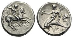 Magna Graecia Calabria, Tarentum, Circa 272-240 BC. Nomos (Silver, 18.24 mm, 6.43 g). Horseman right, holding round shield and two spears behind his back, on horse prancing right, hurling the third sp