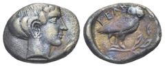 Magna Graecia Lucania. Velia. Circa 465-440 BC. Drachm (Silver, 17.18 mm, 3.77 g) Head of Nymph right. Rev. YEΛΗ Owl standing right with closed wings, head facing, on olive branch right. Williams 112c