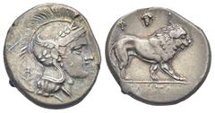 Magna Graecia Lucania. Velia. Circa 305-290 BC. Didrachm or Nomos (Silver, 20.22 mm, 7.35 g) Philiston Group. Head of Athena right, wearing winged crested Attic helmet decorated with laurel branch, ea