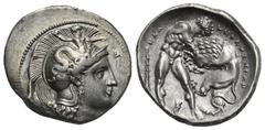 Magna Graecia Lucania. Herakleia. Circa 390-340 BC. Stater (Silver, 24.00 mm, 7.00 g). Helmeted head of Athena right, helmet decorated with Skylla hurling stone; before, Δ [K Φ]. Rev. ΚΑΛ (master's ma