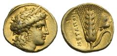 Magna Graecia Lucania. Metapontion, Time of Alexander the Molossian. Circa 340-330 BC. Third Stater (Gold, 13.50 mm, 2.62 g). Head of Hera right. Rev. METAΠON, ear of grain with leaf to right, on whic
