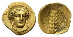 Magna Graecia Lucania. Metapontion. Time of Kleonymos, circa 302 BC. Tetrobol or Third Stater (Gold, 14.03 mm, 2.63 g), Head of Nike facing slightly to right, hair in ampyx, wearing single-pendant ear