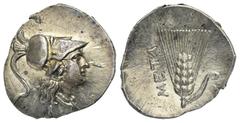 Magna Graecia Lucania. Metapontion, Punic occupation. Circa 215-207 BC. Half Shekel (Silver, 21 mm, 3.86 g). Head of Athena right, wearing Corinthian helmet. Rev. META, ear of grain with leaf to right