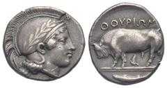 Magna Graecia Lucania. Thourioi. Circa 443-400 BC. Didrachm (Silver, 21.26 mm, 7.77 g) Head of Athena right wearing crested Attic helmet decorated with olive branch and necklace, Φ above visor. Rev. Θ