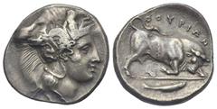 Magna Graecia Lucania. Thourioi. Circa 400-350 BC. Didrachm (Silver, 22.68 mm, 7.67 g). Head of Athena right, wearing crested Attic helmet decorated with Skylla holding trident. Rev. ΘΟΥΡΙΩΝ Bull butt