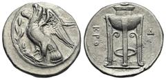 Magna Graecia Bruttium. Kroton. Circa 350-300 BC. Didrachm or Nomos (Silver, 24.30 mm, 7.84 g). Eagle with spread wings, standing to left on olive branch. Rev. ΚΡΟ Tripod with three handles, volutes b