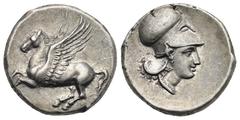 Magna Graecia Bruttium. Locri Epizephyrii. Circa 325-317 BC. Stater (Silver, 21.97 mm, 8.62 g) Pegasus flying left. Rev. Head of Athena right, wearing Corinthian helmet, single-pendant earring and nec