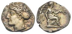 Magna Graecia Bruttium. Terina. Circa 420-400 BC. Stater (Silver, 19.88 mm, 7.72 g) TE PINAION Head of nymph Terina left, wearing sphendone decorated with meander pattern, necklace and flowing curly h