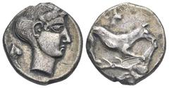 Sicily Sicily. Motya or Panormos. Circa 415-405 BC. Punic Didrachm featuring Segestan types (Silver, 20.81 mm, 8.14 g). Hound right standing on stag's head and seizing it by the nose; above, small fem