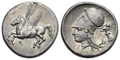 Ancient Greek World Corinthia. Corinth. Circa 375-300 BC. Stater (Silver, 22.00 mm, 8.49 g). Pegasus landing left; koppa below. Rev. Helmeted head of Athena left, helmet decorated with laurel branch; 