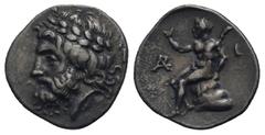 Ancient Greek World Arcadia. Arcadian League, Megalopolis. Circa 330-275 BC. Triobol (Silver, 17.42 mm, 2.83 g). Laureate head of Zeus left; behind, I. Rev. Pan nude seated left on rock, holding lagob