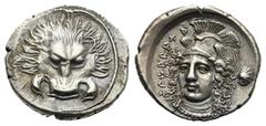 Ancient Greek World Dynasts of Lycia. Vekhssere II. Zagaba, circa 410-390 BC. Third Stater (Silver, 17.37 mm, 3.19 g). Lion scalp facing. Rev. 'Zagabah' (in Lycian), helmeted head of Athena facing sli