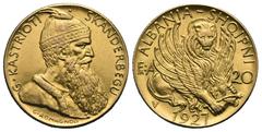 World Coins Albania. Zog I Scanderbeg, 1925-1939. 20 Franga Ari 1927-V (Gold, 21.31 mm, 6.27 g). Wien, engraver Giuseppe Romagnoli. ALBANIA - SHQIPNI Winged Venetian Lion facing right; Fr:A to the lef