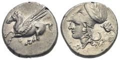 Greek CORINTHIA. Corinth. Circa 375-300 BC. Stater (Silver, 21.00 mm, 8.59 g) Pegasus flying left, koppa below. Rev. Head of Athena left wearing helmet decorated with laurel branch and necklace, boar 