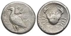 Greek Greek. Sicily. Akragas. Circa 460-445 BC. Tetradrachm (Silver, 26.07 mm, 16.61 g). AKPAC-ANTOΣ (partially retrograde), Sea eagle standing left, with wings closed. Rev. Crab within shallow incuse