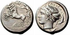 Sicily. Syracuse. Sicily. Tetradrachm. ( Ag 17,22 g ) 410 BC. Signed both on obverse and reverse by Eumenes. Charioteer driving galloping quadriga left, holding kentron in right hand, reins in left; N