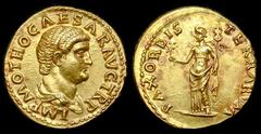 OTHO Aureus, 7,31 g. Roma, 69 A.D. Obverse: IMP. M. OTHO CAESAR AVG. TR. P.; Bust of Otho. Reverse: PAX ORBIS TERRARVM; Pax, caduceus, olive branch. Reference: BMC 2; BN 2; Calicó 524; C 2; RIC 3. Rar