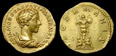 COMMODUS Aureus, 7,24 g. Roma, 175 - 176 A.D. Obverse: COMMODO CAESAR AVG. FIL. GERM. SARM.; Bust of Commodus. Reverse: DE GERMANIS; Trophy, two captives. Reference: BMC - (Note 642); Calicó 2229; C -