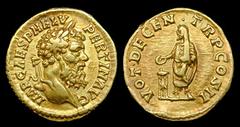 PERTINAX Aureus, 7,11 g. Roma, 193 A.D. Obverse: IMP. CAES. P. HELV. PERTIN. AVG.; Bust of Pertinax. Reverse: VOT. DECEN. TR. P. COS. II.; Pertinax, patera, tripod-altar, roll. Reference: BMC 22; Cali