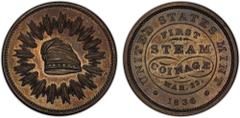 World - The Americas UNITED STATES: AE medal, 1836, Julian-MT-21, PCGS graded Specimen 63, 28mm, thin planchet, First Steam Coinage Medal struck in copper bronzed by Christian Gobrecht, MAR. 23 cut ov